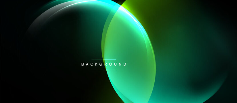 Abstract fluid shapes overlap, creating vibrant green gradients. Dark background emphasizes glowing curves, modern design element.