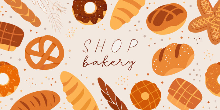 bakery pattern with bread and pastries illustrated seamless background