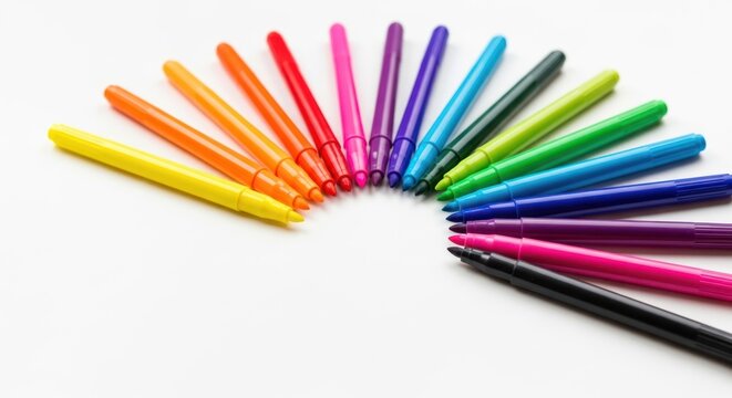 A semi-circle of colorful markers arranged on a white background.