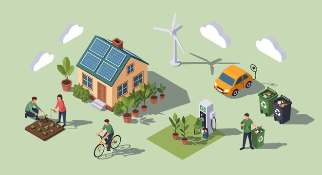 Isometric sustainable home with solar panels wind turbine and EV