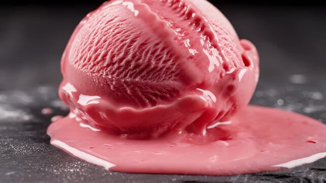 Delicious Strawberry Ice Cream Scoop Melting on Dark Surface.