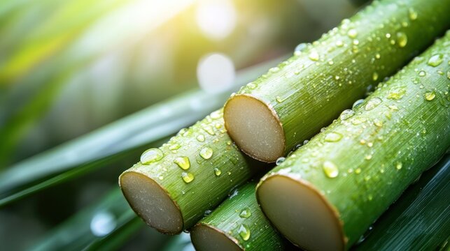 Fresh sugarcane stalks with water droplets, natural background
