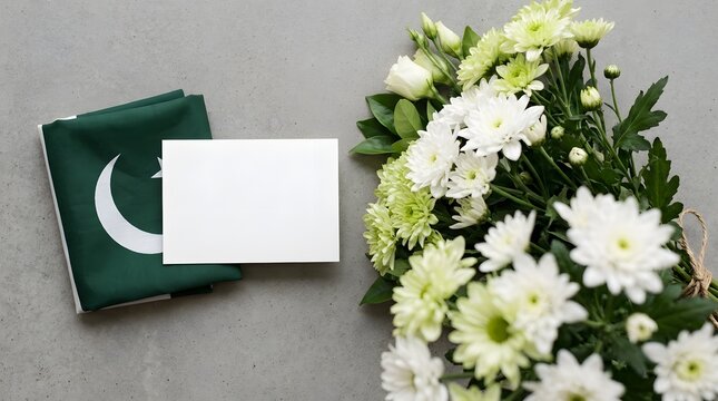 Pakistan flag and white flowers on grey background