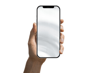 Naklejka na ściany i meble Phone in a hand on a transparent background in PNG format with a glass glare effect.