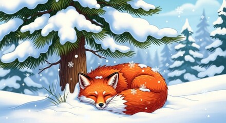 Naklejka premium A fox sleeps peacefully under a snow-covered pine tree in winter.