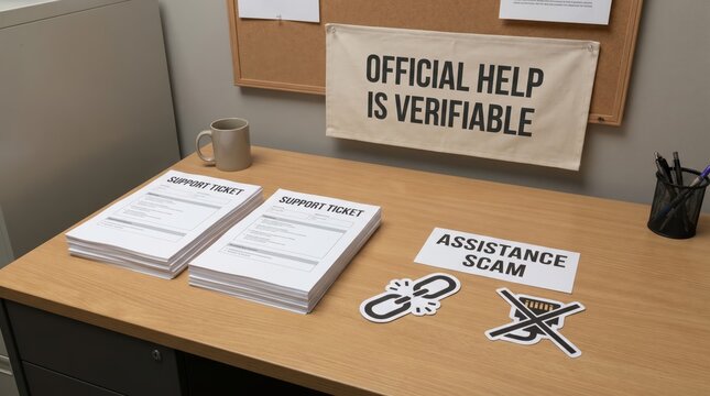 Office Desk Displaying Scam Awareness Information