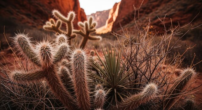 Close-up of prickly cholla cactus in a desert canyon.
