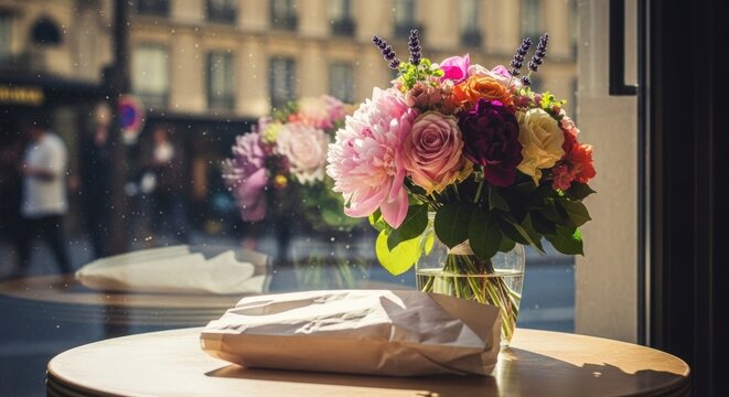 Flower bouquet on a cafe table with a blurred Paris street scene.