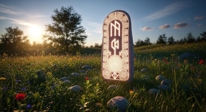 Ancient rune stone glowing in a wildflower meadow at sunset