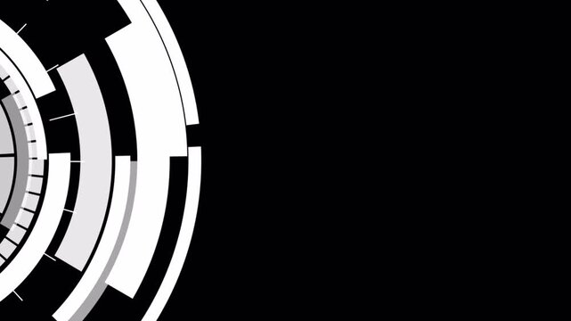 Abstract tech HUD interface with white circular geometric motion graphic design, futuristic radial gear elements alpha channel on transparent background for digital presentation

