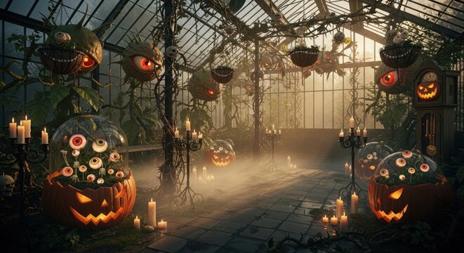 Creepy Halloween greenhouse with spooky decor and glowing pumpkins.