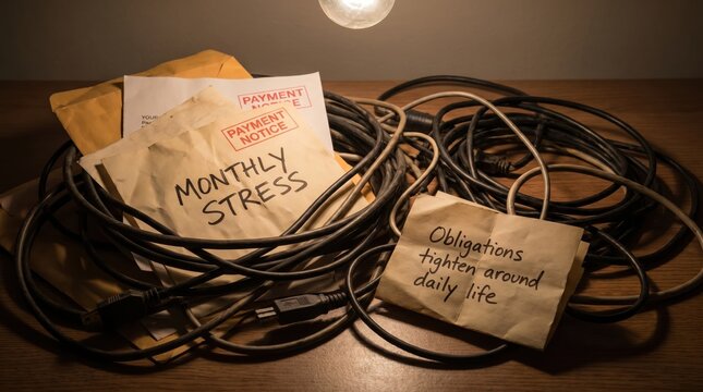 Monthly Stress Payment Notice Tied With Tangled Cables