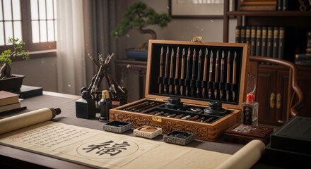 Fototapeta premium A traditional calligraphy set on a desk with a scroll