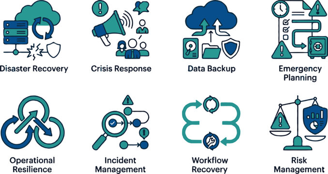 Business continuity and disaster recovery vector icons set for data backup risk management crisis response and operational resilience