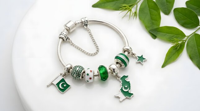 Silver charm bracelet with pakistan themed beads and pendants