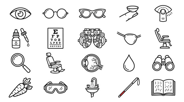 Optometry and Vision Care Icons Set, Eye Health and Sight Correction Symbols.