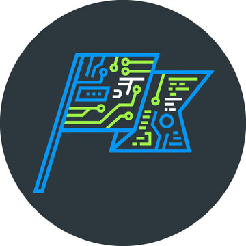 A digital flag icon with circuit board patterns in blue and green, symbolizing technology, cybersecurity, and digital challenges.