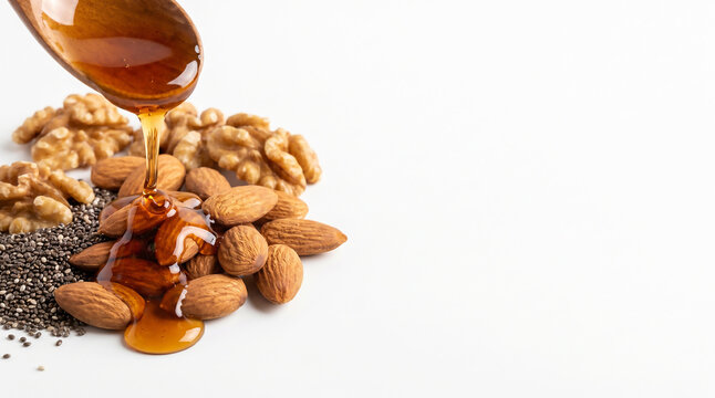 Fresh organic almonds walnuts and chia seeds with maple syrup drips on the left of a white background with wide copy space