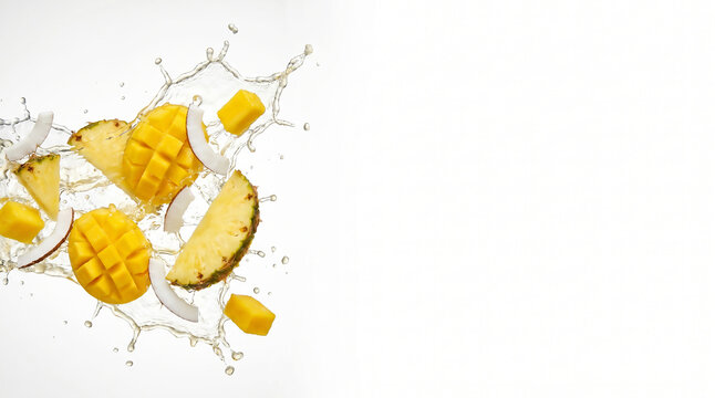 Organic fresh mango chunks and pineapple slices with juice splashes on the left of a white background with copy space