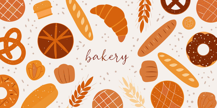 bakery pattern with bread pastries and wheat stalks illustration