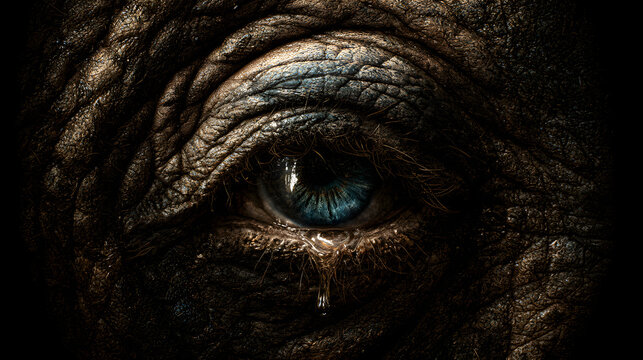 A detailed close-up portrait shows the wrinkled skin and large eye of an old wild elephant on a safari in nature