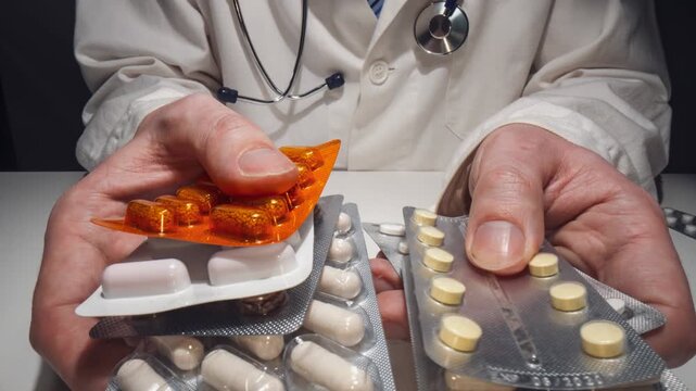 Doctor is holding too many drugs and pills in hands. Overdosage concept.