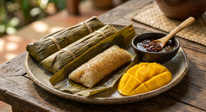 Filipino Suman Rice Cake Coconut Latik Mango