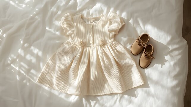 beautifully styled and arranged layout of a baby girl's dress and shoes on a bed. The dress is a soft cream color with a textured, pleated fabric. It has short, puffed sleeves and a round neckline ado