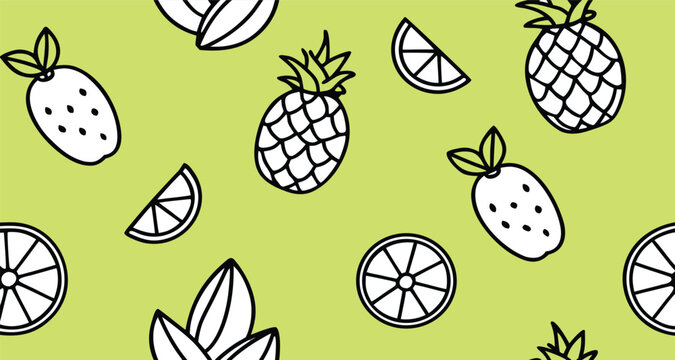 Seamless pattern with pineapples, bananas, oranges, and dragon fruit. Tropical fruit seamless pattern