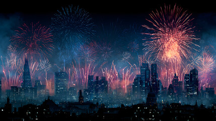 Naklejka premium Colorful New Year fireworks explode over the city river, creating a beautiful light display with reflections in the dark night sky during the holiday festival celebration