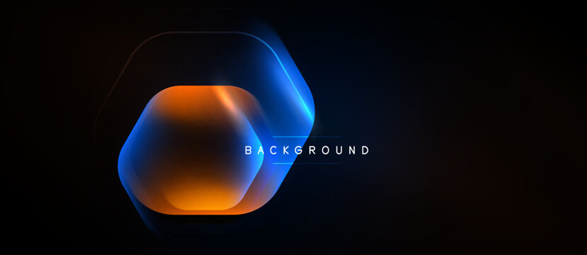 Dark background features layered hexagon shapes. Blue, orange gradients create glowing effect. Text reads background. Minimalist design.