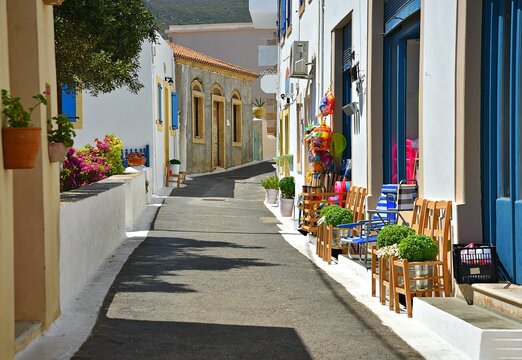 Picturesque landscape with colorful traditional local shops and houses in the traditional settlement of Chora, the capital of Kythira island, Attica Greece.