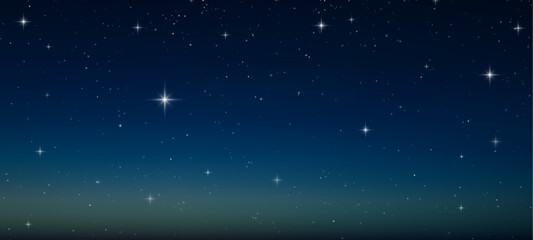 Starry night sky with realistic vector galaxy and blue nebula. Bright star light fills space and cosmos. Dark background with shiny stars and fantasy universe illustration.  © ikril