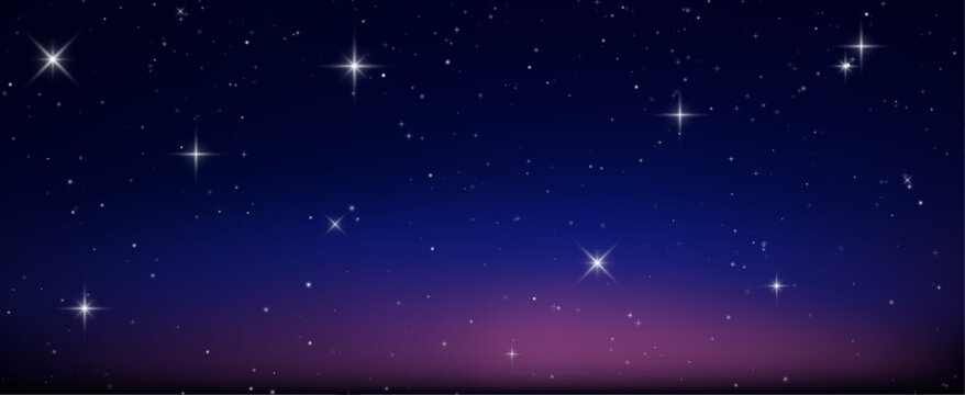Realistic vector galaxy nebula shines in the starry night sky. Bright star light covers space and cosmos. Dark blue and purple background with stars and glowing universe clouds.