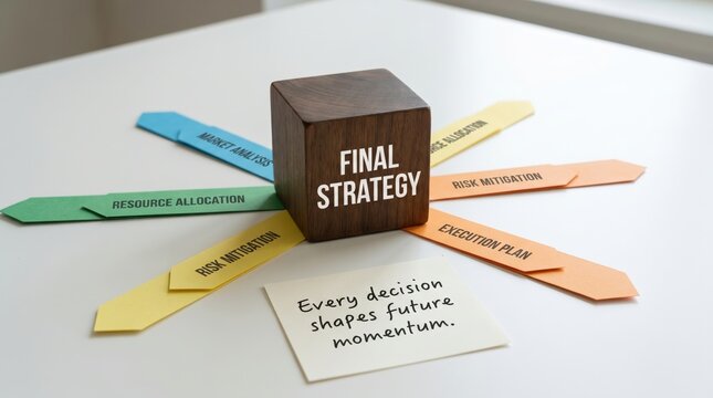 Wooden Cube With Strategy Text And Arrows For Decision Making
