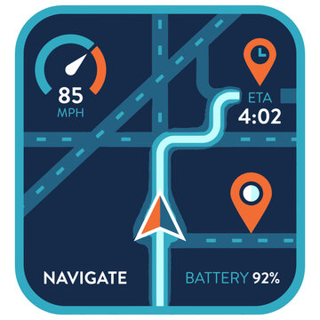 Digital navigation map interface with route, speed, ETA, and battery status, showing a car icon on a dark background.