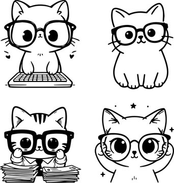 Cute cartoon cats wearing glasses working in office vector illustration set