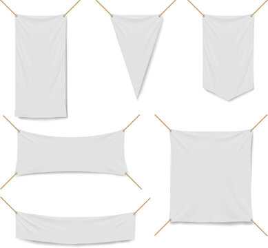 White fabric banners, hanging cloth signs, blank flag templates, vector set