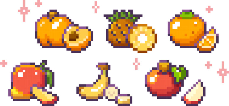 Pixel art fruit icons, colorful fruit set, 6 pixelated fruits, food illustrations