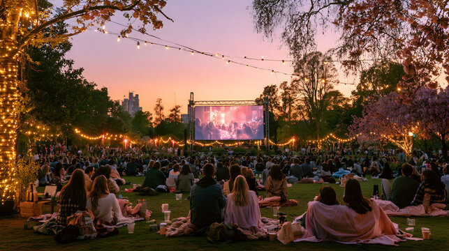 A crowd of joyful people are dancing at an outdoor concert near a historic European landmark featuring an old church cathedral tower and beautiful garden flowers under a clear sky
