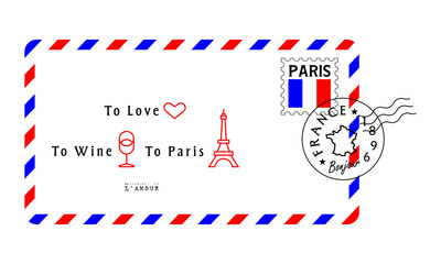 Airmail envelope illustration with French theme, featuring Eiffel Tower icon, wine glass, heart, and Paris postage stamps. © OnePencils