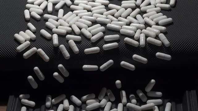 Many white pills or drugs falling from conveyer belt. Pharmacy and pill production concept.