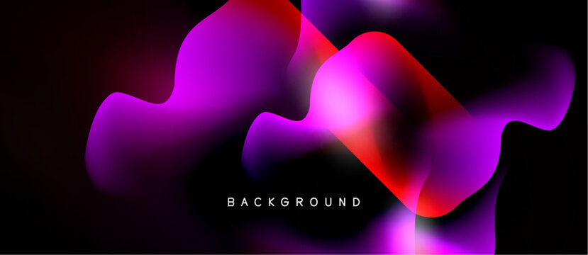 Abstract fluid shapes, vibrant colors blend. Pink, purple, red gradients over black background. Modern design element.