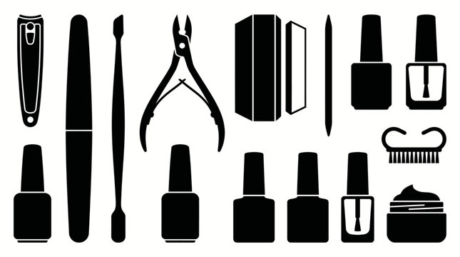 Black silhouette icons of nail care tools.