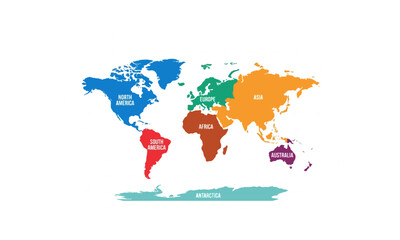 Naklejka premium World Map with Labeled Color Coded Continents on White Background