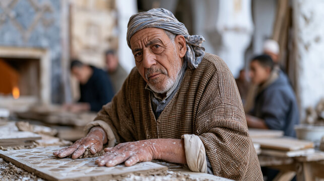 Traditional Moroccan tilemaker pressing geometric patterns into raw clay in a crowded medina workshop, apprentices watching intently, dust-coated hands shaping centuries-old zellige craft techniques