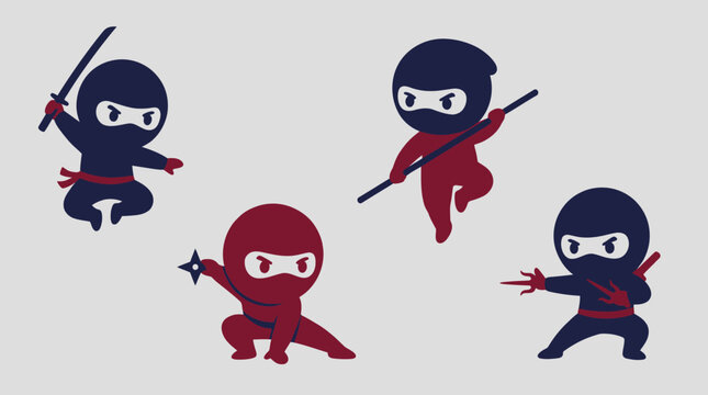 Colorful cartoon ninja characters in various poses.