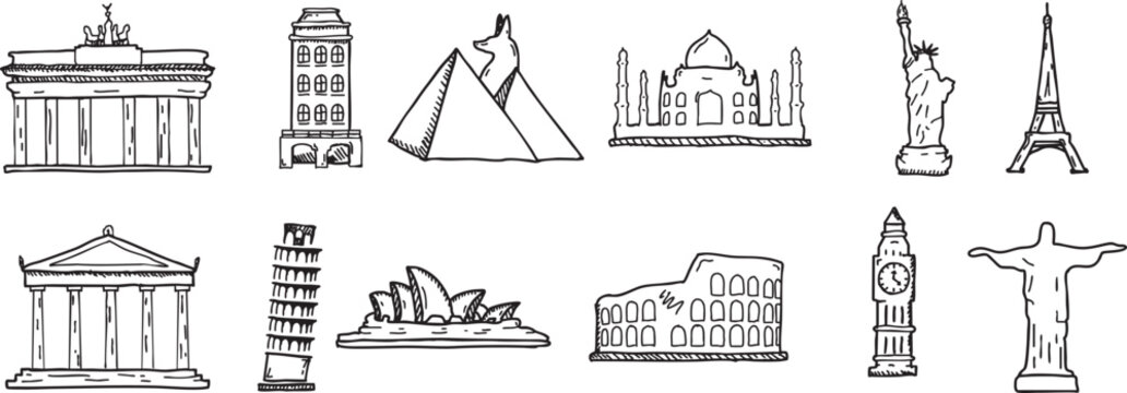 World famous landmarks and architectural monuments doodle sketch collection.