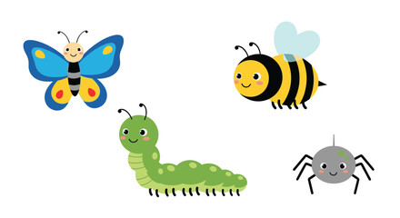 Obraz premium Four cute garden insects including a blue butterfly, a fuzzy bumblebee, a green caterpillar, and a grey spider.