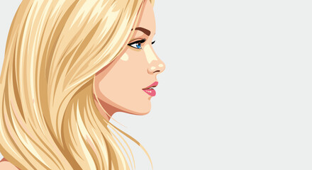 Obraz premium Beautiful illustration of a young woman with long flowing blonde hair and blue eyes shown in profile view against grey.